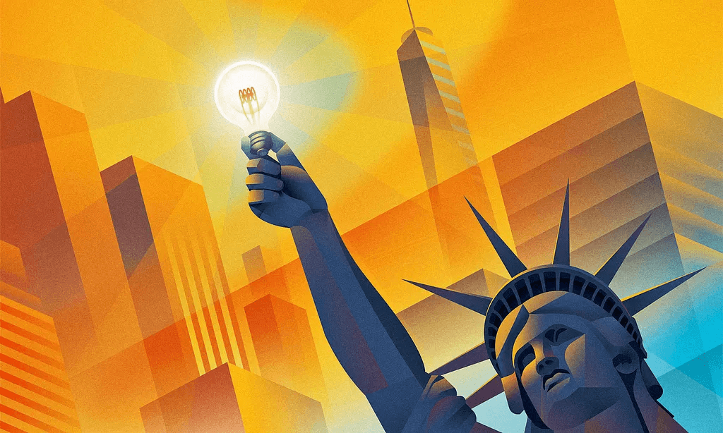 Stylized Statue of Liberty holding a light bulb above a city skyline