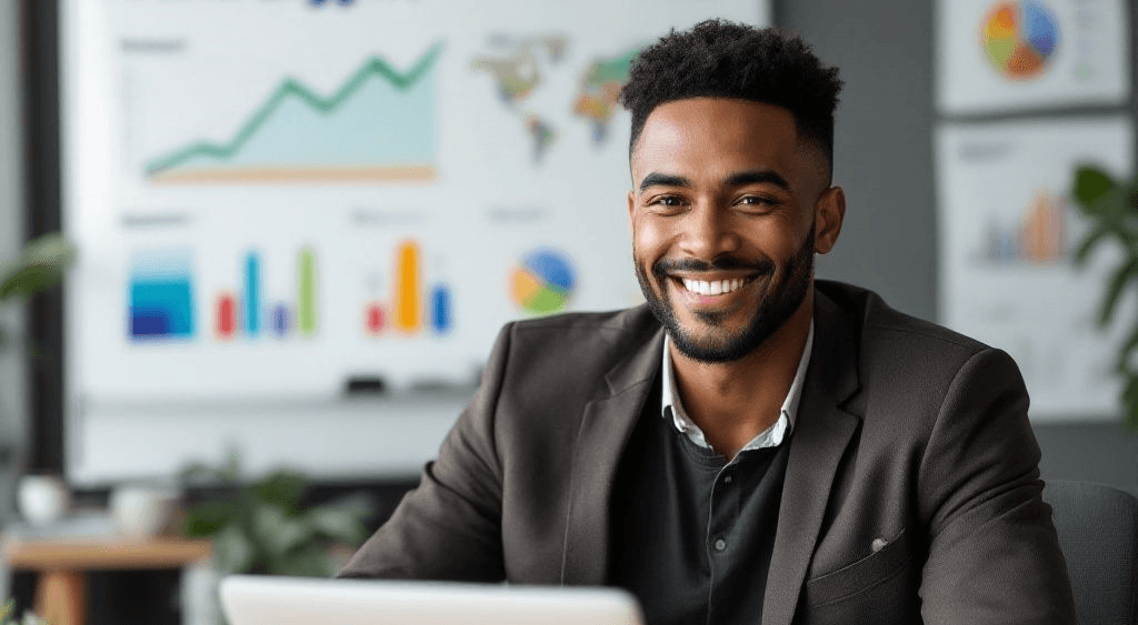 Smiling professional entrepreneur with analytics and charts in the background